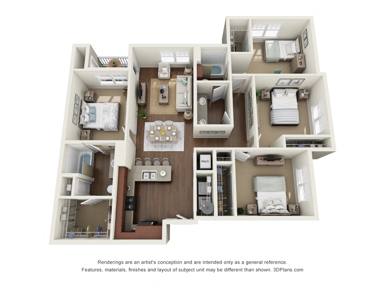 Floor plan for 4 beds, 2 baths, 1486 sqft